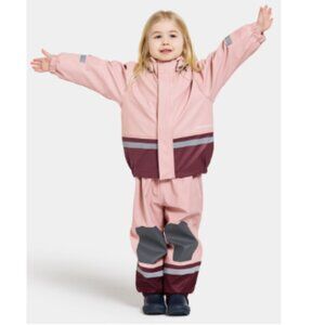 Didriksons Boardman Kids Lined Rain jacket hood Snow pant Set Pink sz 120 5-6